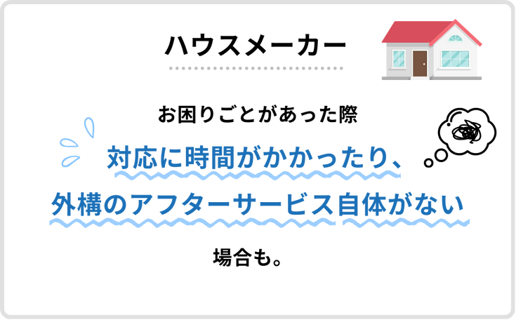 ハウスメーカー：お困りごとがあった際対応に時間がかかったり、外構のアフターサービス自体がない場合も。