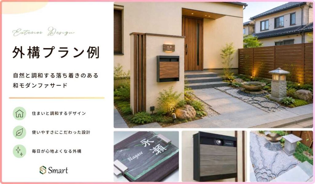 自然と調和する落ち着きのある和モダンファサードのイメージ画像。
造作門柱：オンリーワンクラブのポスト、表札
ファサード装飾：三州瓦 遊瓦
の画像が使用されている。