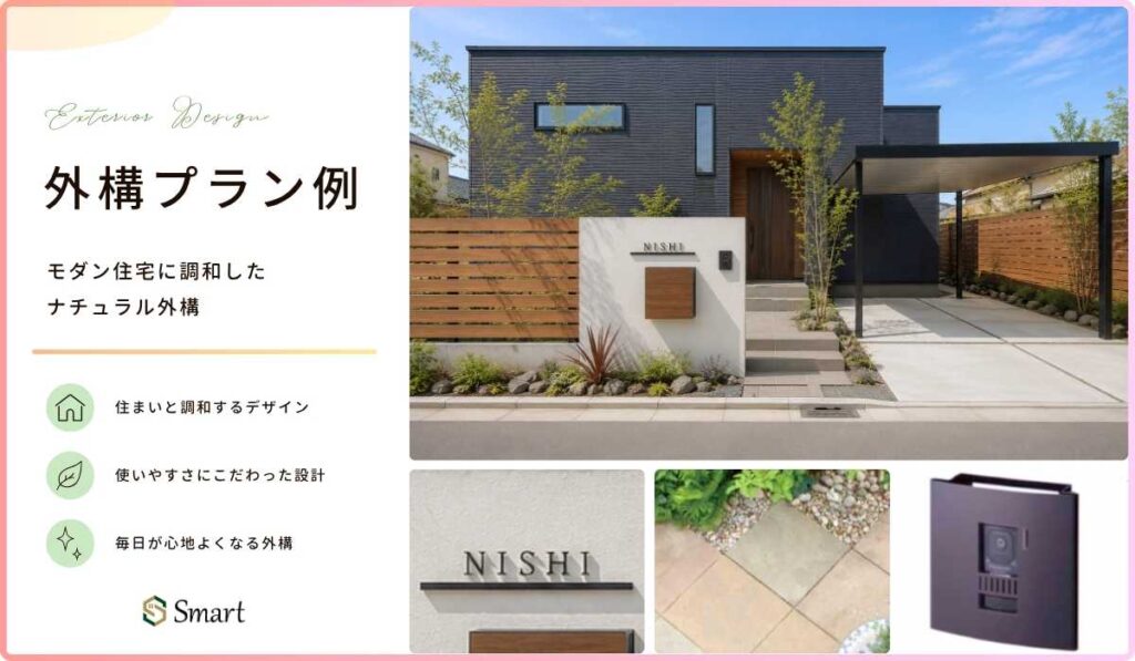 モダン住宅に調和したナチュラル外構のイメージ画像。